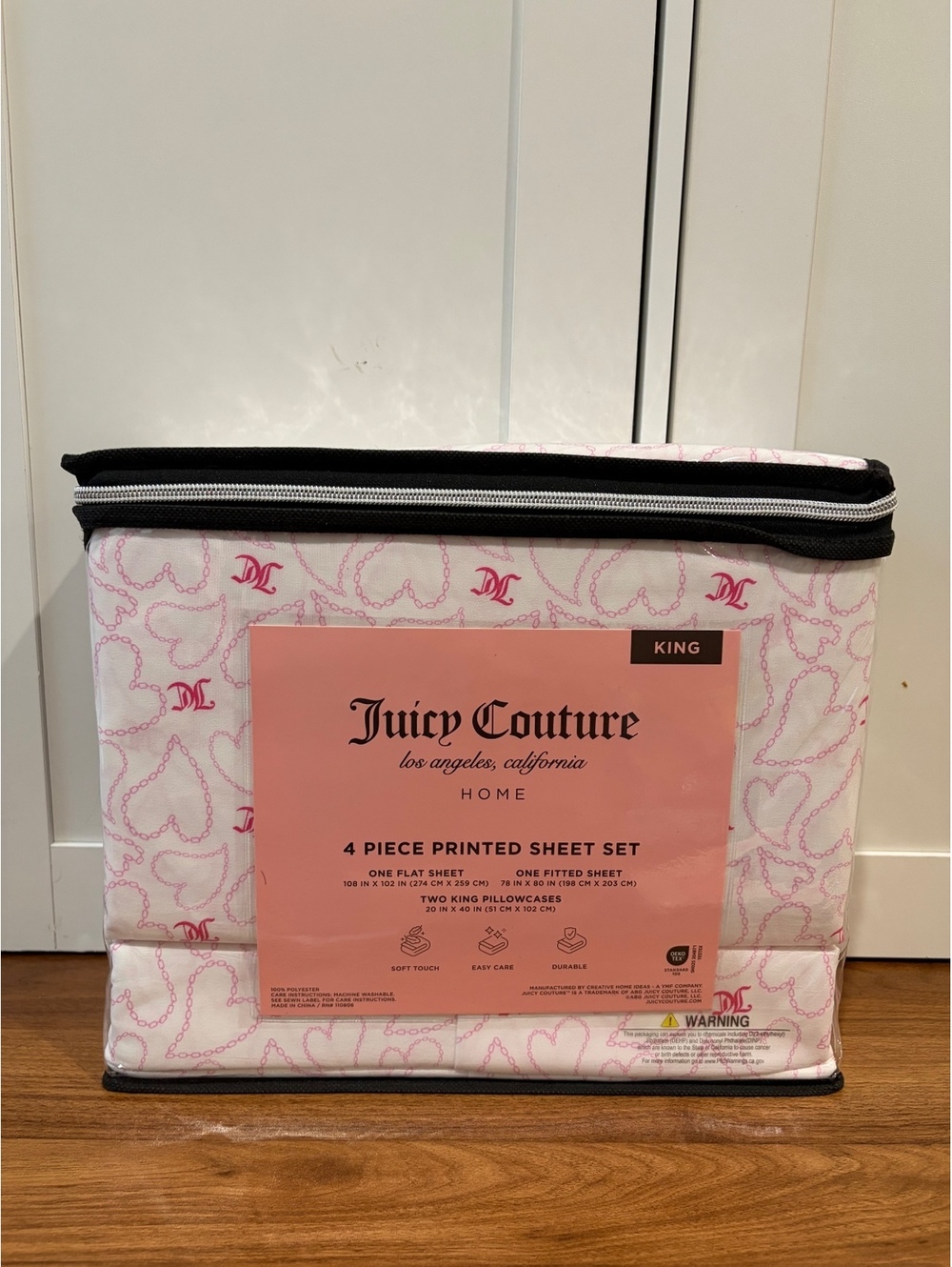 Juicy Couture King 4-Piece Sheet Set – Pink Logo & Heart Print – New